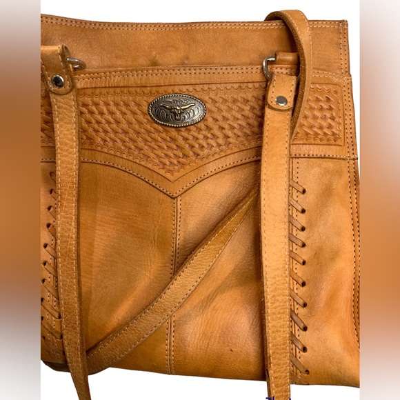 Vintage Light Brown Leather Bag with Longhorn Silver Piece - Picture 5 of 6